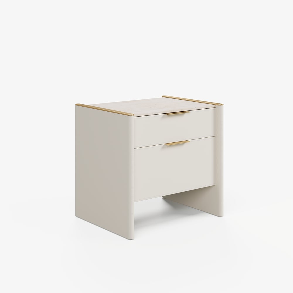 Modern Saddle Leather 2-Drawer Nightstand with Faux Travertine Stone Top window image