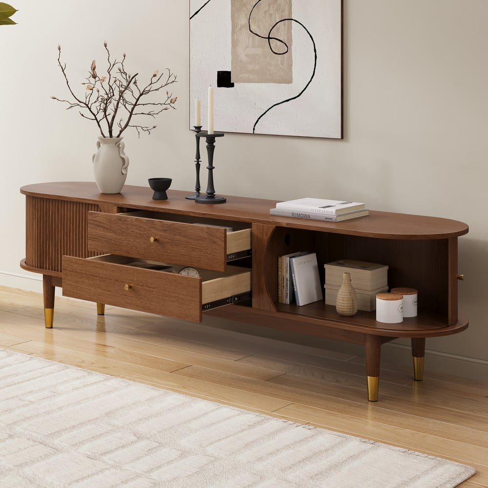 80" Ash Wood Fluted Walnut TV Stand with Storage window image
