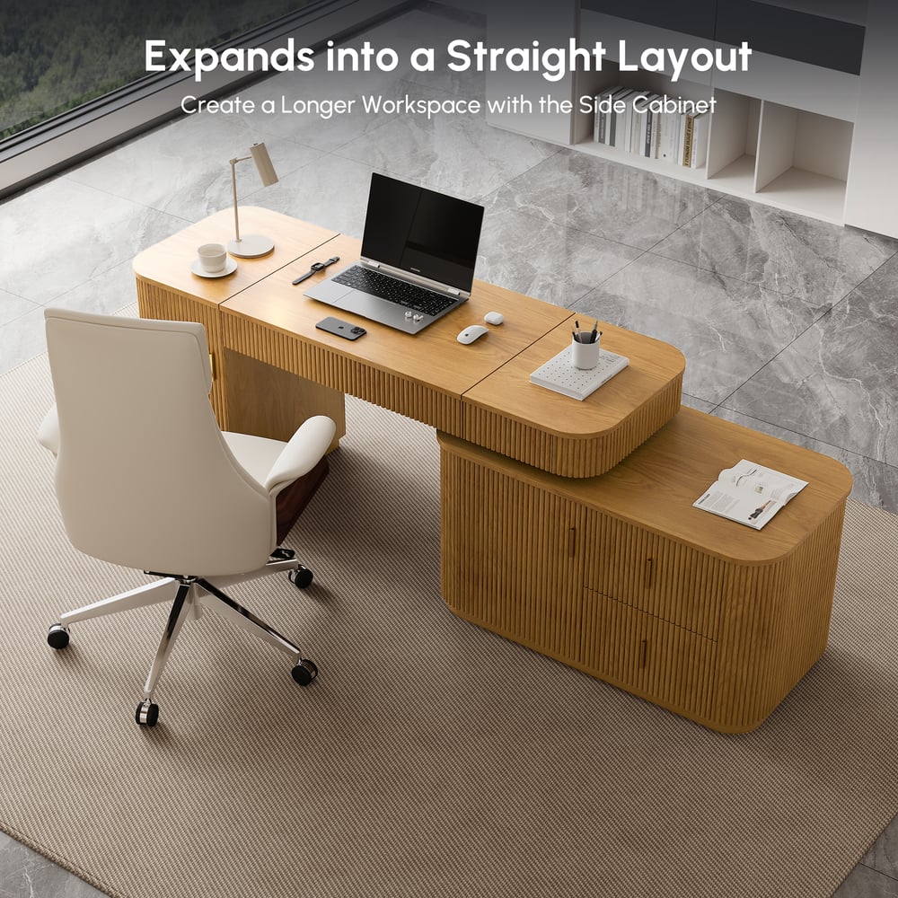 Velign 65" L-Shape Natural Executive Desk with Right-Side Cabinet window image