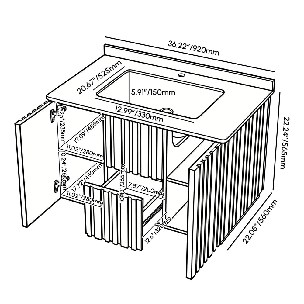 Aura 36" Bathroom Vanity with Light Ash Wood Slatted Panels Faux Travertine Top weights dimensions image