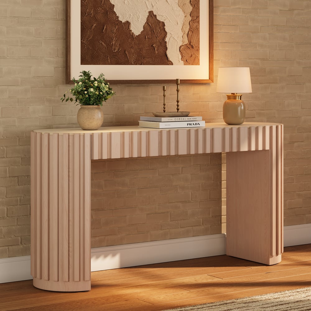 Aura 60" Ash Wood Fluted Whitewash Console Table With Sintered Stone Top window image