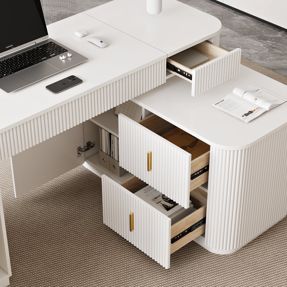 Velign 65" L-Shape White Executive Desk with Right-Side Cabinet window image