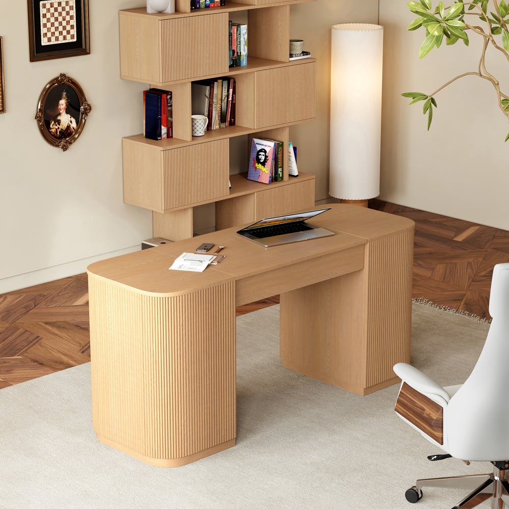 72.8" Natural Sliding Door Etagere Bookshelf 5-Shelf Tall Book Shelf Rich Storage window image