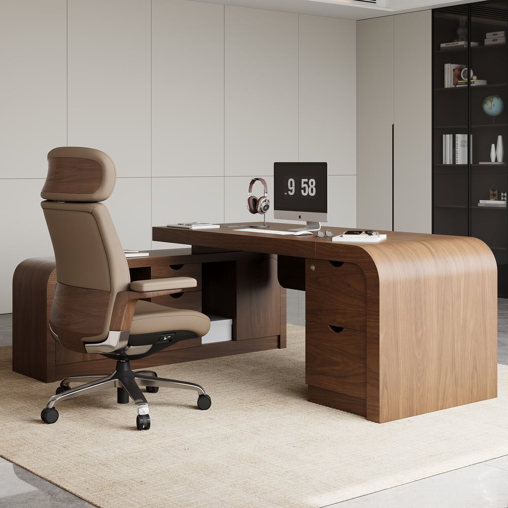 Khaki Genuine Leather Swivel Office Chair with Ergonomic Synchro-Tilt Recline System window image
