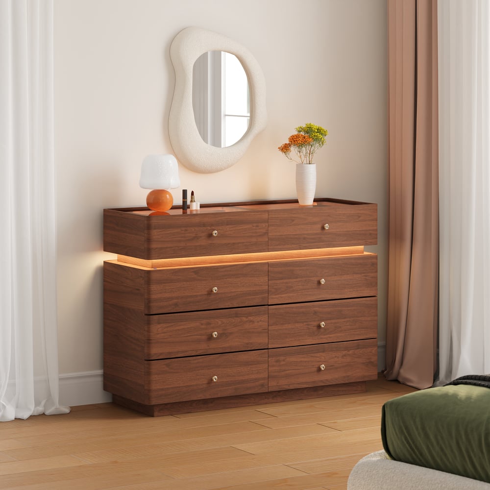 Modern 47" Tempered Glass Top 8-Drawer White Dresser with LED & Jewelry Trays window image