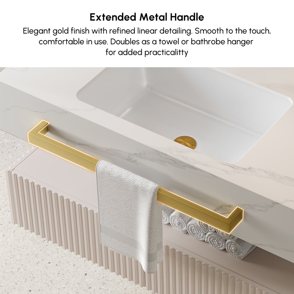 Mueble de baño flotante de 91 cm (36") con doble lavabo, encimera de piedra sinterizada, toallero dorado Imagen de ventana