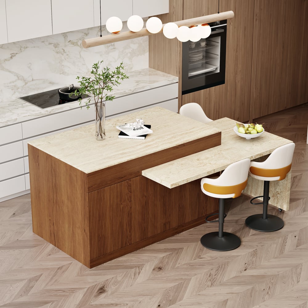 Îlot de cuisine en bois extensible de 81'' à 112'' avec rangement, Noyer image de fenêtre