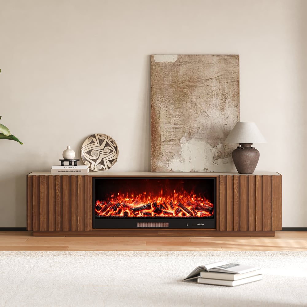 Aura 84" Sintered Stone Top Electric Fireplace TV Stand window image