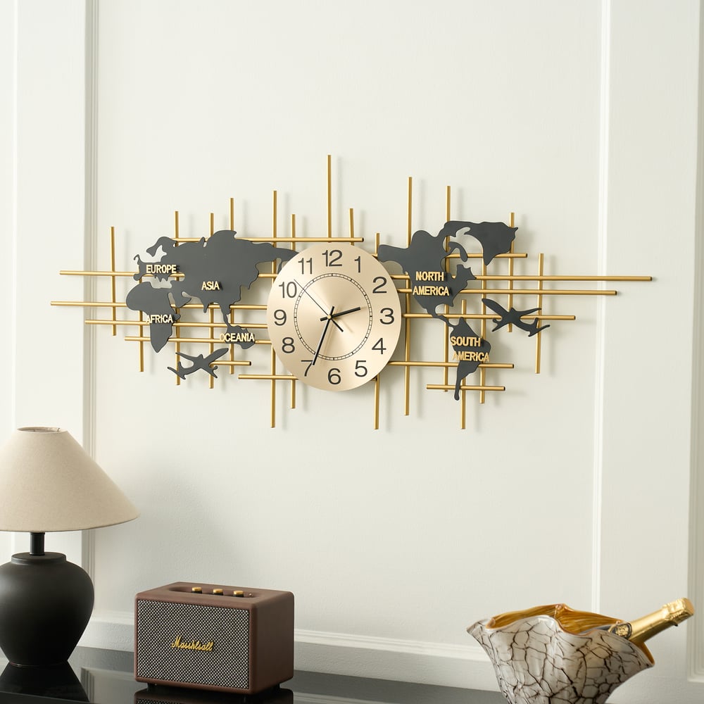 Reloj de Pared de Metal Grande de 116cm con Diseño de Mapa Decorativo Silencioso y Creativo para Sala de Estar Imagen de ventana