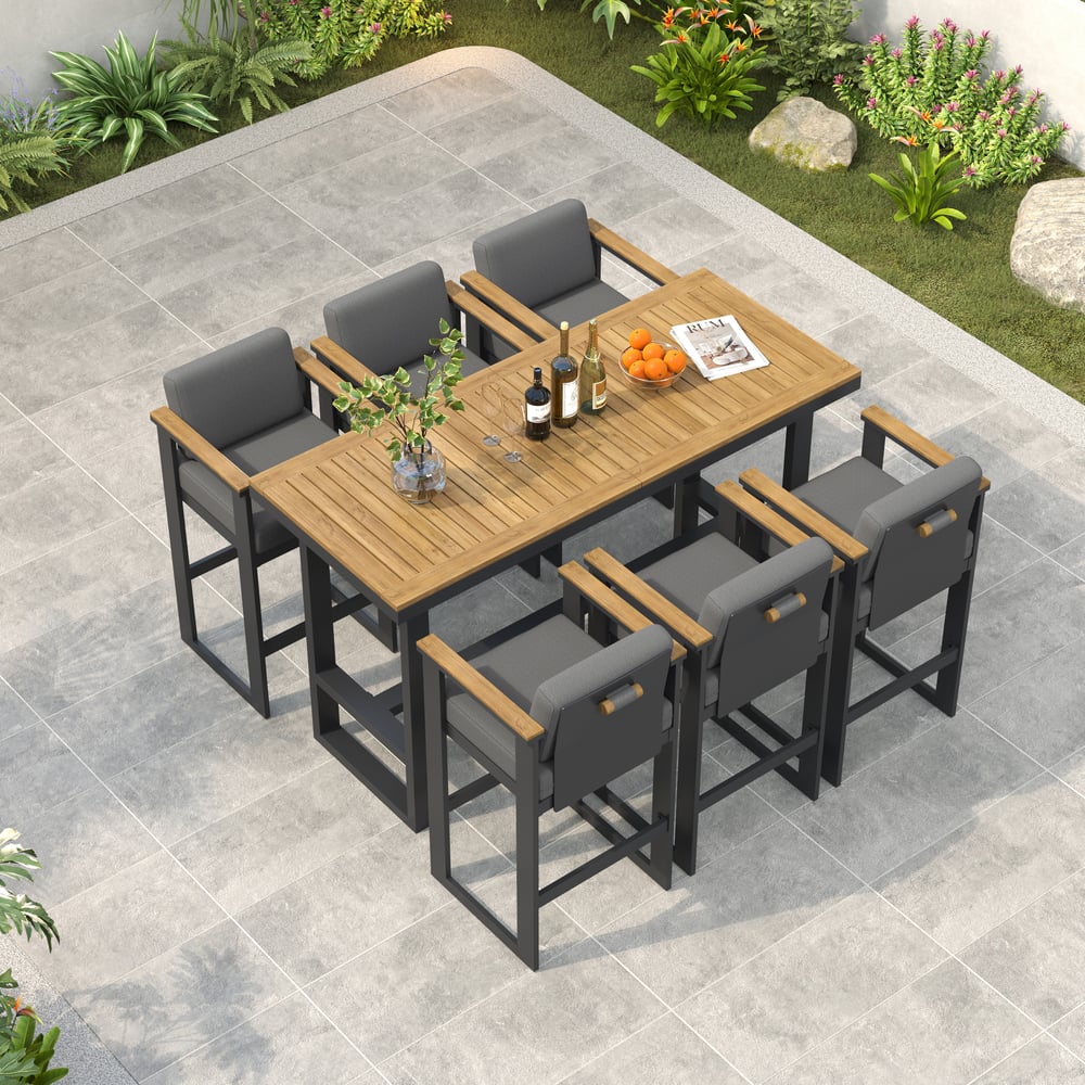 Tevara Outdoor Aluminum Frame & Teak Wood Armrest Bar Stools in Dark Gray, Set of 2 window image