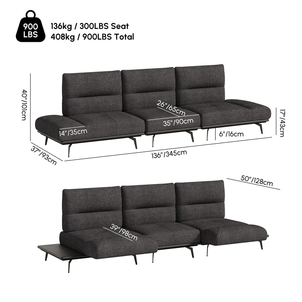 136" Yarn-Dyed Fabric and Faux Leather Reclining Sofa with Metal Legs weights dimensions image