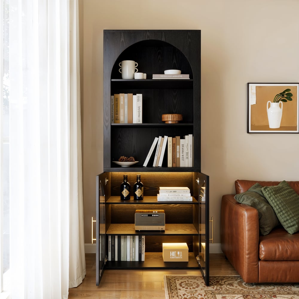 Arune Black Chest Bookcase with Storage Cabinet & LED Light window image