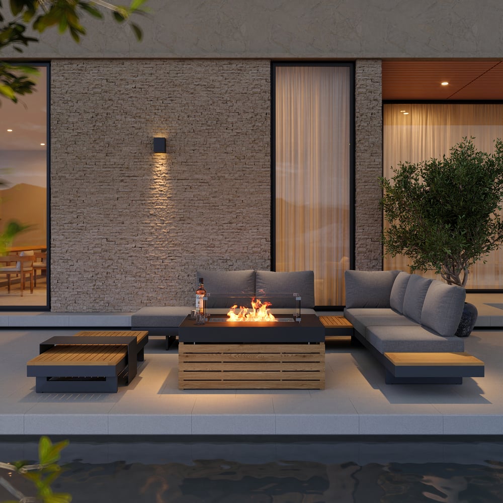 Tevara 5-Piece Modular Teak Outdoor Sofa Set with Smokeless Fire Pit for 6 in Dark Grey window image