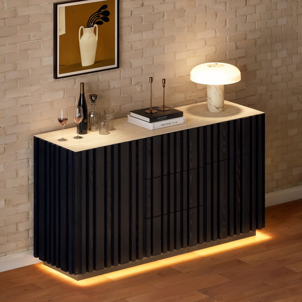 Aura 60" Black Faux Travertine Sideboard with Ash Wood Slatted Doors & LED Light window image