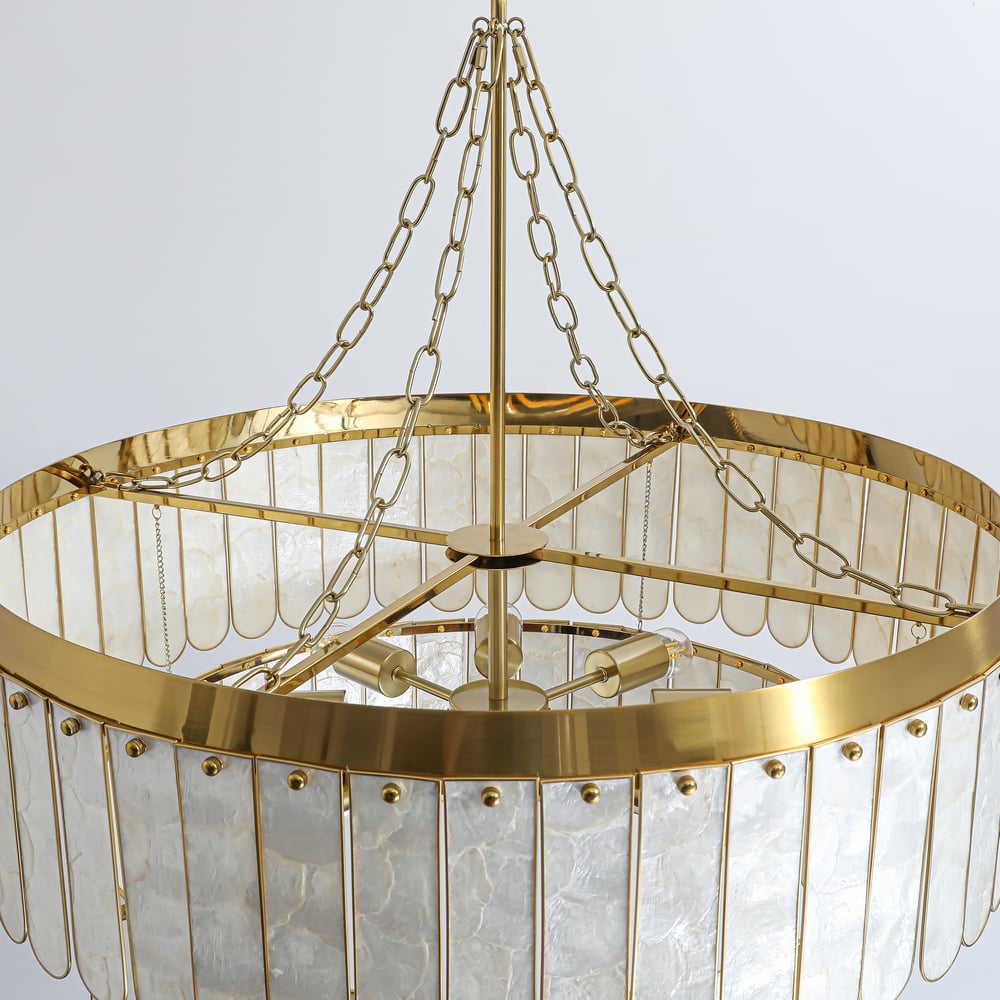 Enseo Coastal 8-Light Capiz Shell 2-Tiered Faceted Chandelier Pendant Light Gold White window image