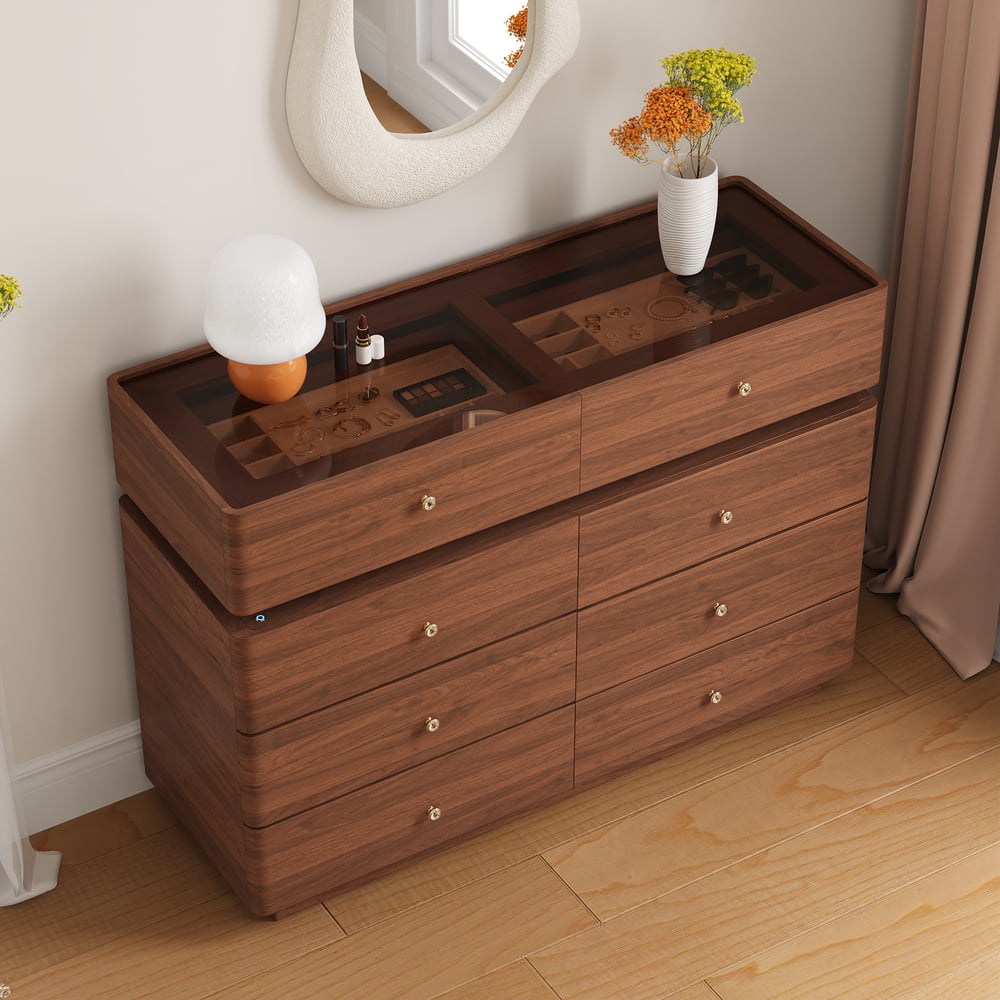 Modern 47" Tempered Glass Top 8-Drawer White Dresser with LED & Jewelry Trays window image