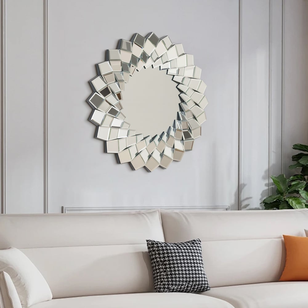 24" Diamond-Shaped Wall Mirror, Silver Round Decorative Mirror window image