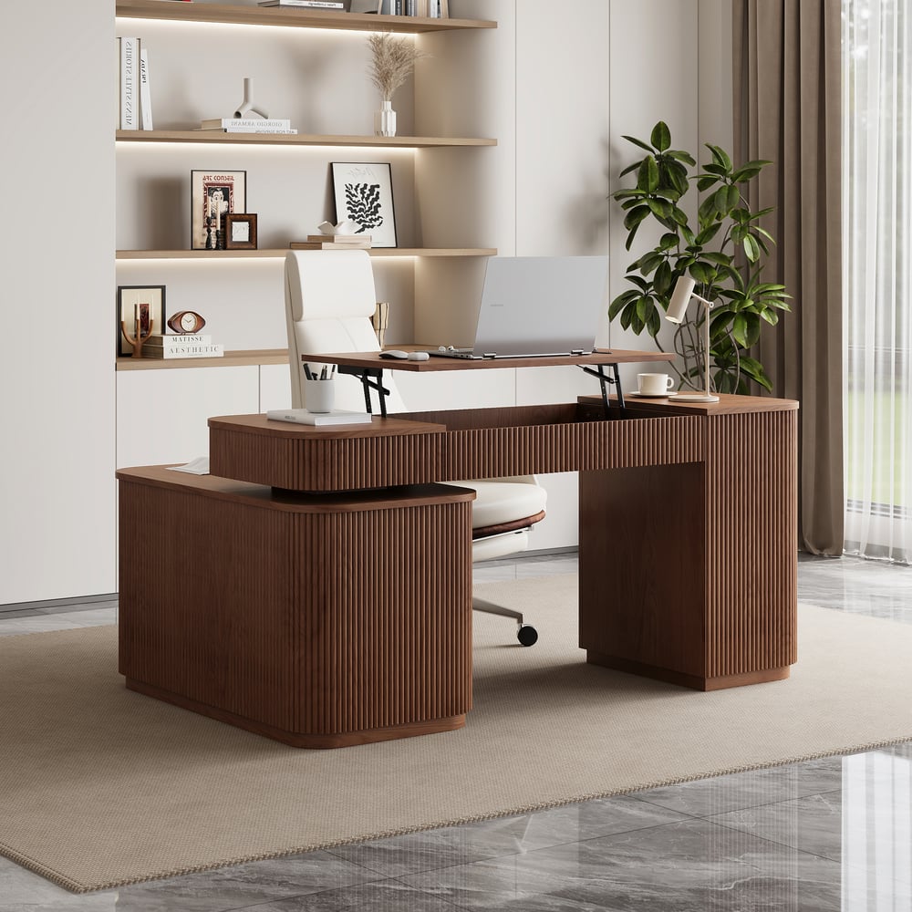 Modern 60" L-Shape Walnut Executive Desk with Drawers & Cabinet Right Hand window image