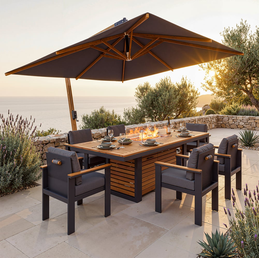 Tevara 7 Pieces Outdoor Dining Set with Propane Fire Pit Table & Aluminum Armchair window image