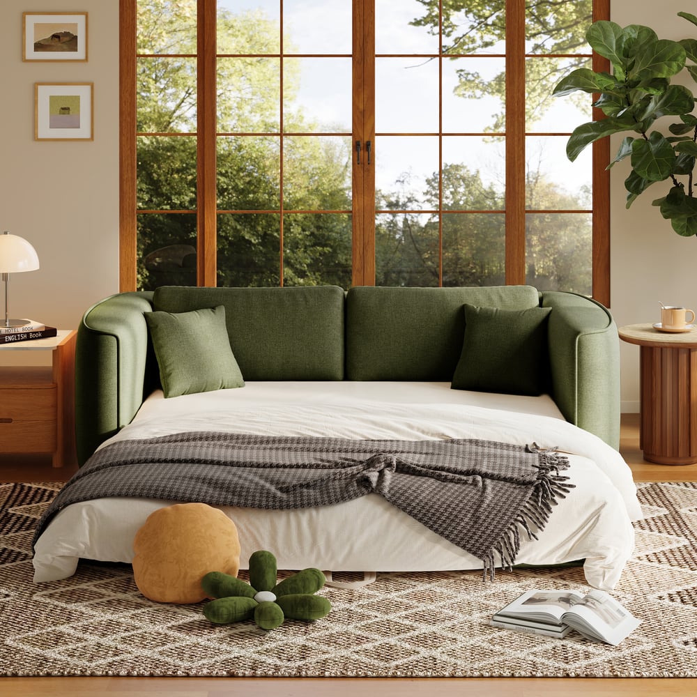 80" Queen 3-Seater Chenille Fold-Down Sleeper Sofa with Removable Cover window image