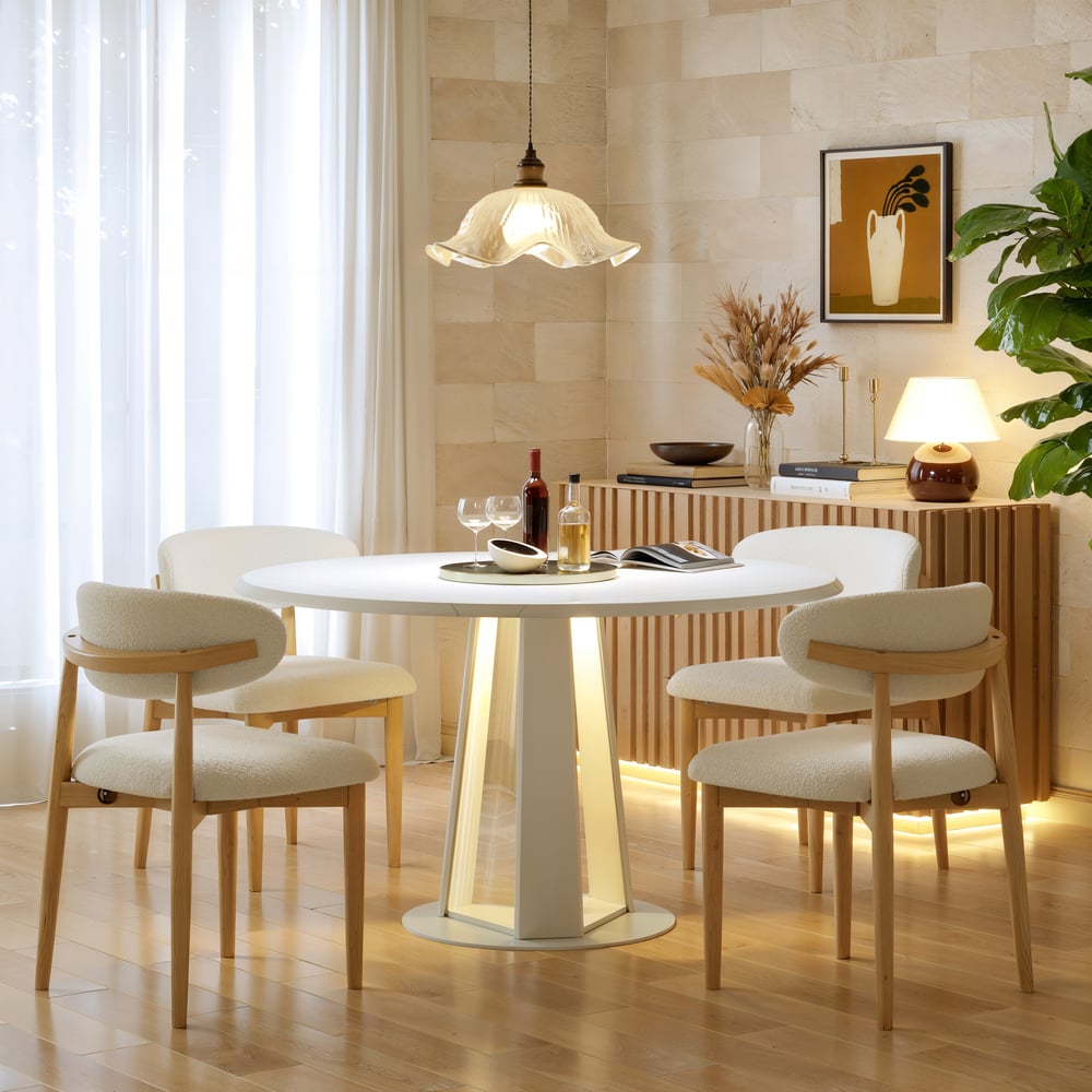 36"-47" Solid Matte Warm White Wood Extendable Dining Table with Light window image