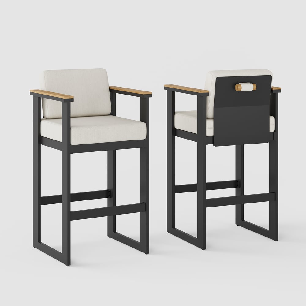 Tevara Outdoor Aluminum Frame & Teak Wood Armrest Bar Stools in Warm White, Set of 2 window image