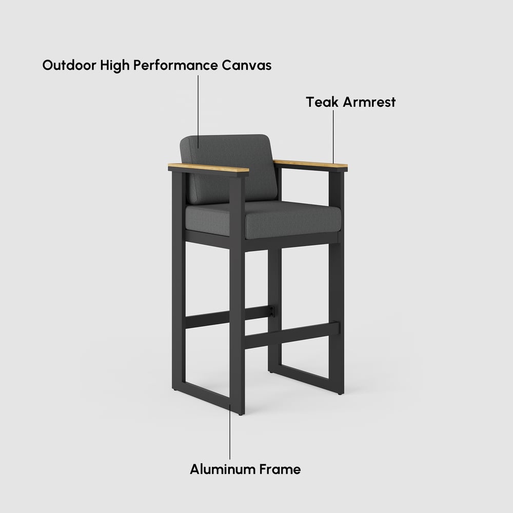 Tevara Outdoor Aluminum Frame & Teak Wood Armrest Bar Stools in Dark Gray, Set of 2 window image