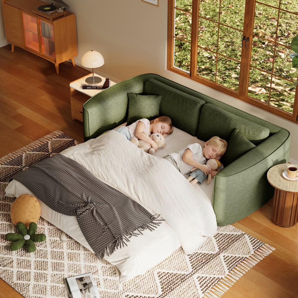 80" Queen 3-Seater Chenille Fold-Down Sleeper Sofa with Removable Cover window image