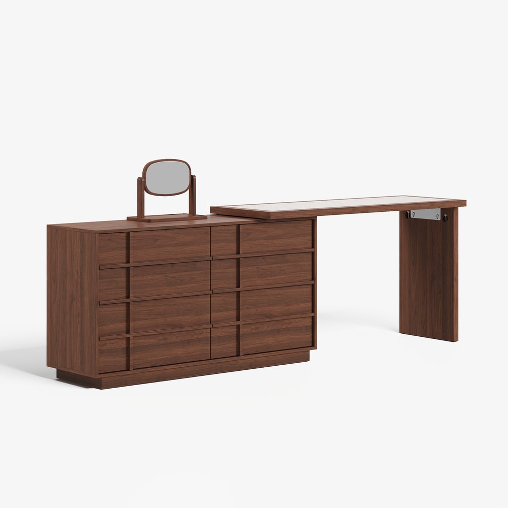 Panvyr Wooden Extendable L-Shaped Makeup Vanity Dresser with Vanity Mirror (49"–94") window image