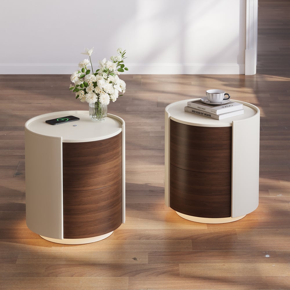 Modern Saddle Leather 2-Drawer Nightstand with Charging Station & Light window image