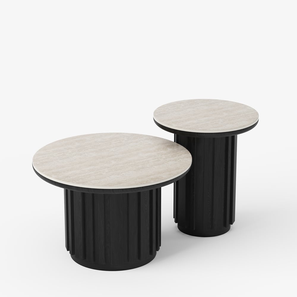Aura 2 Piece Set Ash Wood Slatted  Round Coffee Table with Sintered Stone Top(20" - 28") window image