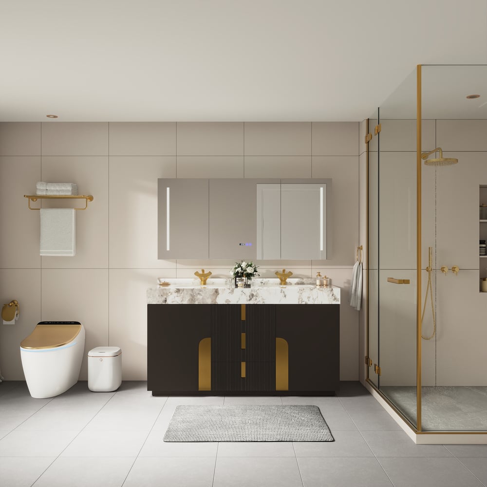 Mueble de baño Artis de 60" con doble lavabo y encimera de piedra sinterizada, 3 cajones Imagen de ventana