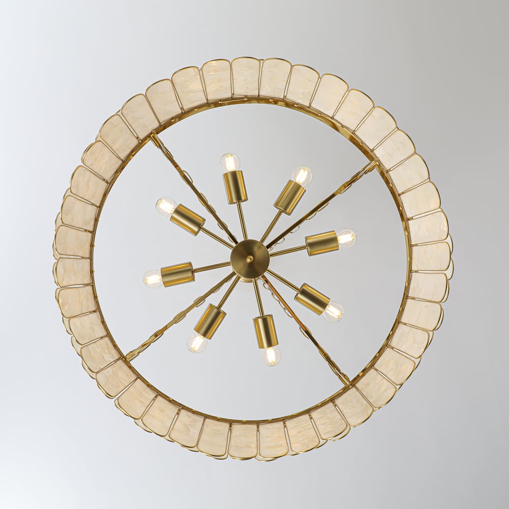 Enseo Coastal 8-Light Capiz Shell 2-Tiered Faceted Chandelier Pendant Light Gold White window image