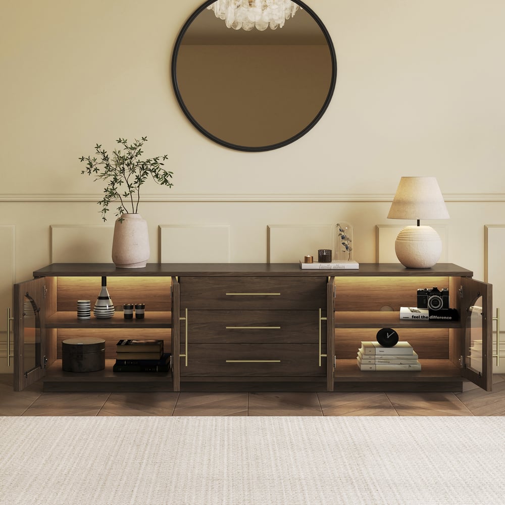 Arune 72" Arched Glass Doors Smoked Brown TV Stand with Storage and LED window image