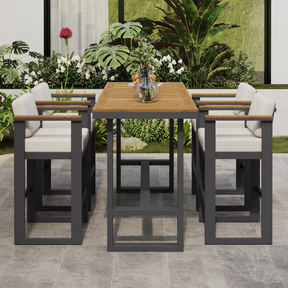 Tevara Teakhouten Moderne Outdoor Bar Set Donkergrijs Frame & Warm Wit Kussen Vensterafbeelding