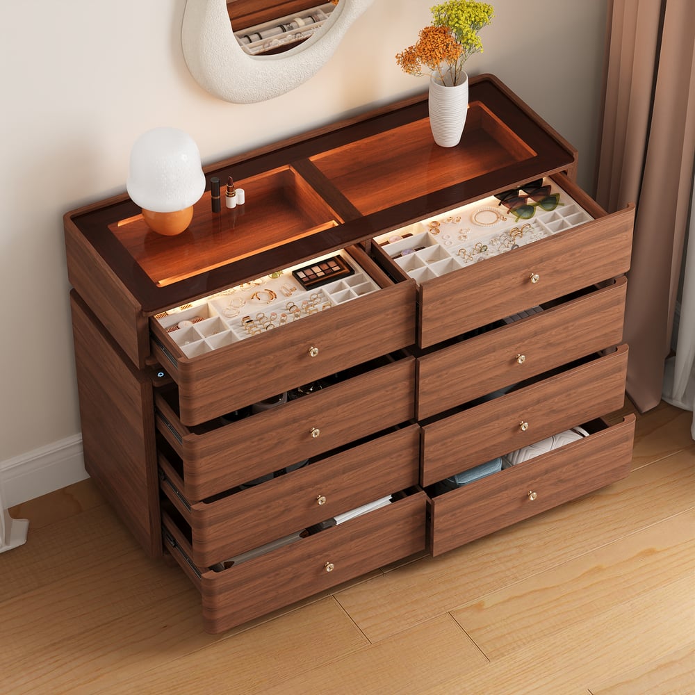 Modern 47" Tempered Glass Top 8-Drawer White Dresser with LED & Jewelry Trays window image