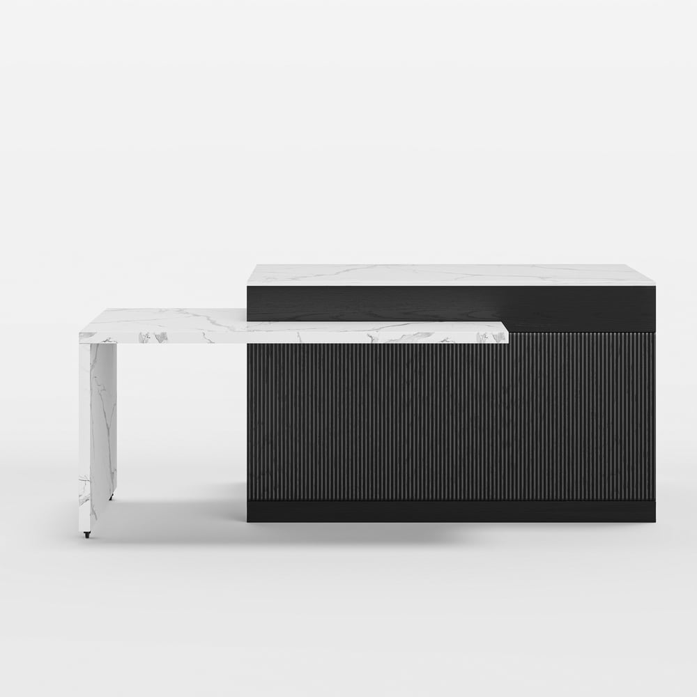 Isla de cocina de madera moderna extensible de 81''-112" con almacenamiento, blanco y negro Imagen de ventana