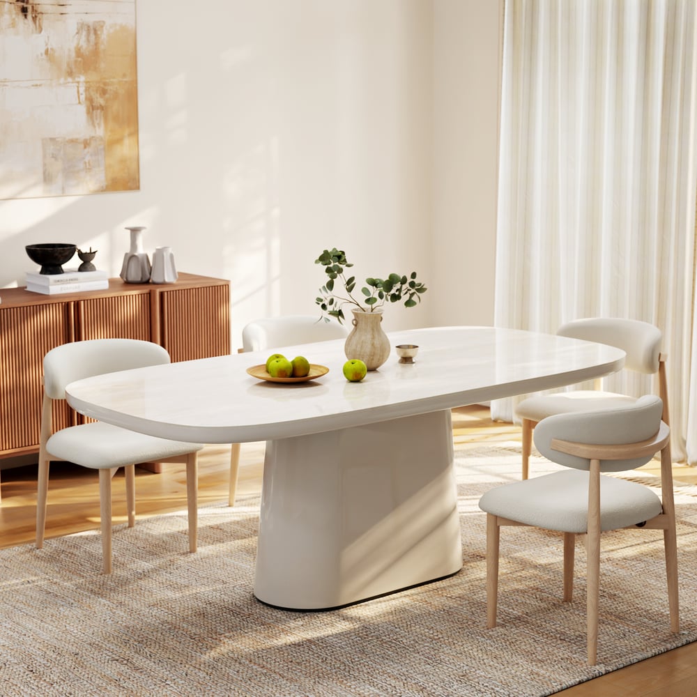 Modern 79" Oval Faux Travertine Sintered Stone Dining Table, Seats 6 window image