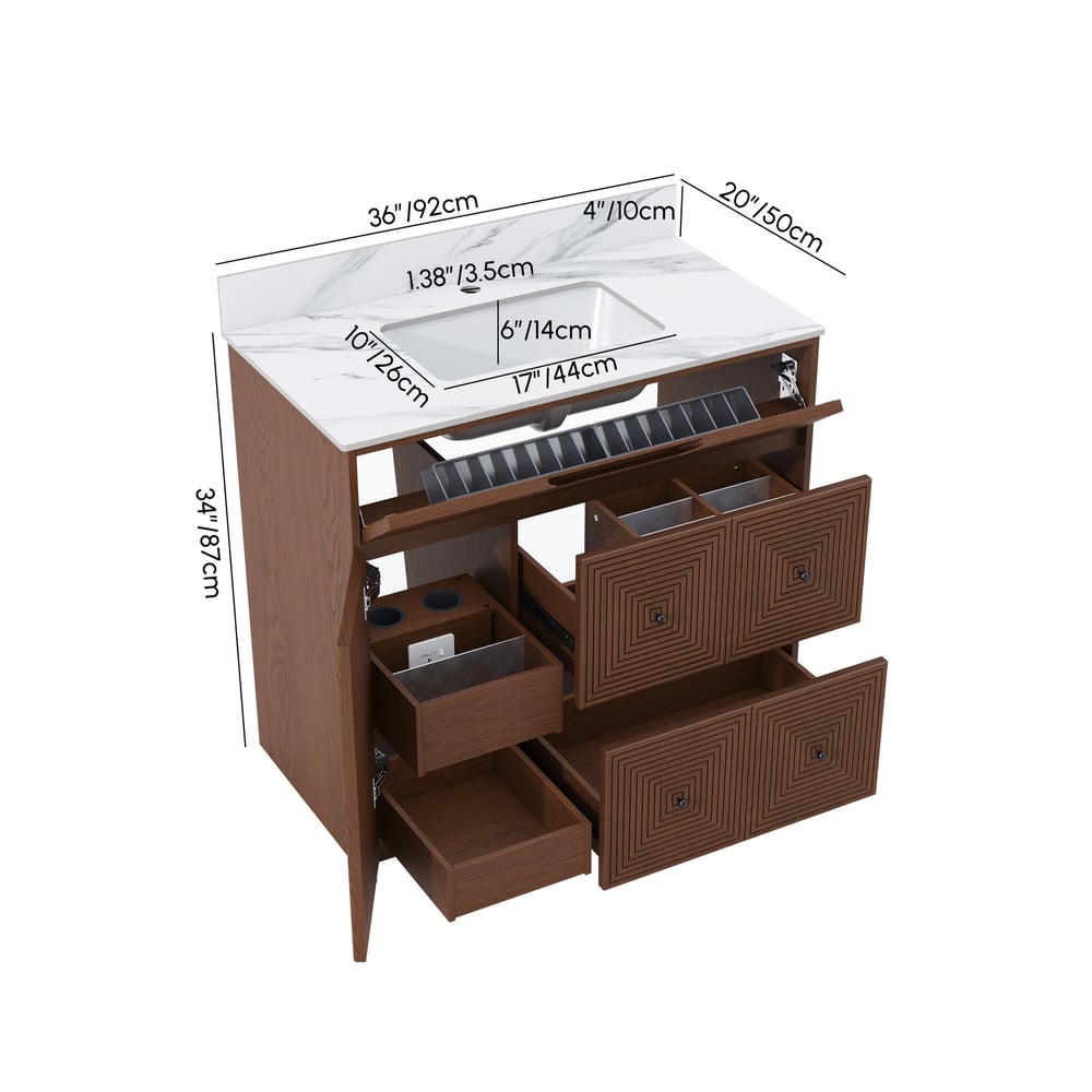 92cm Walnut Single Bathroom Vanity with Sink and Sintered Stone Top weights dimensions image