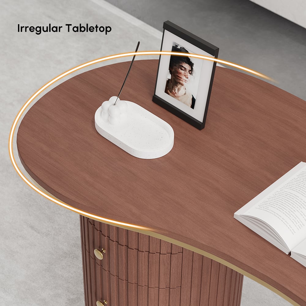 Walnut Curved Wooden Office Desk & Adjustable Swivel Executive Chair in Beige & Gold window image