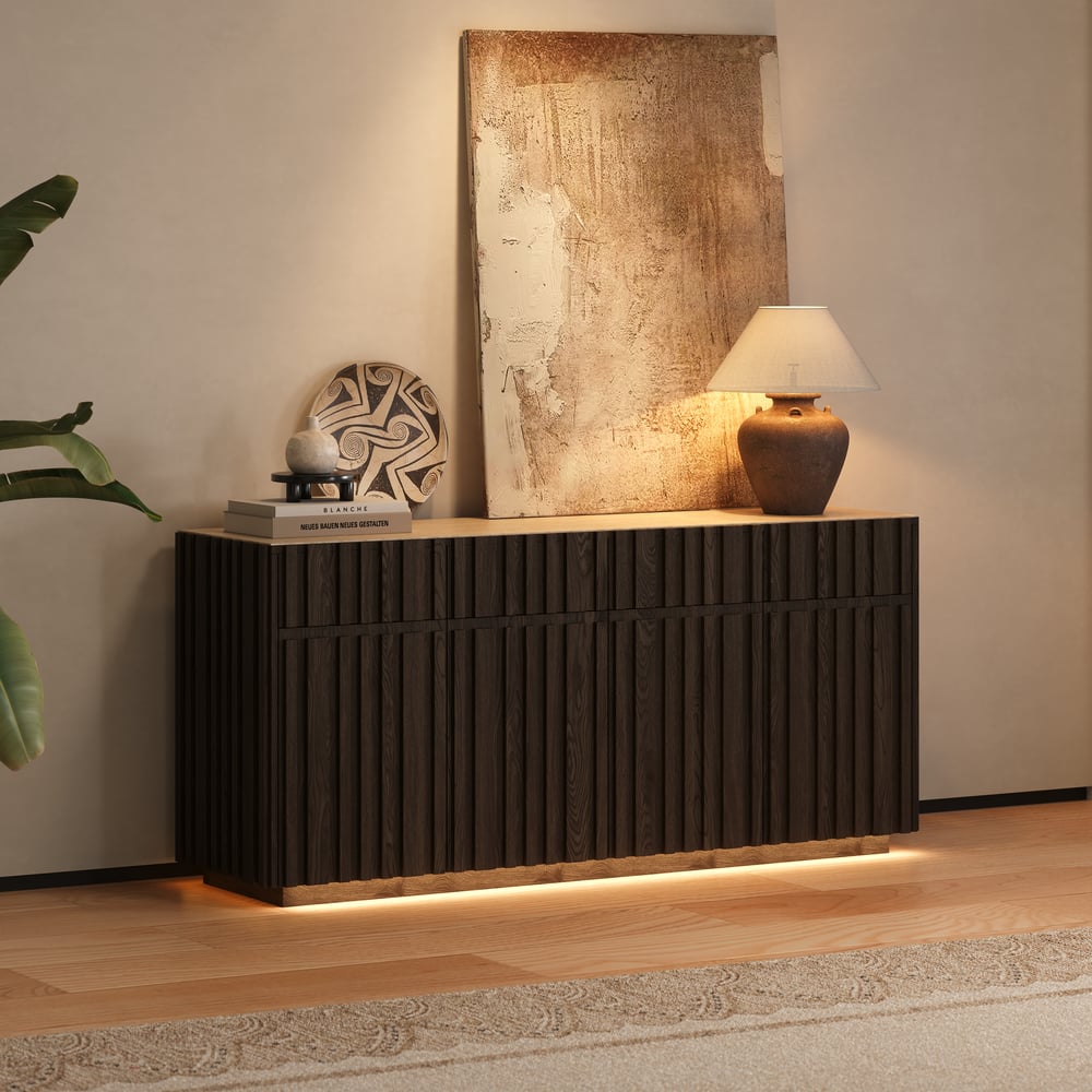 Aura 65" Ash Wood Slatted TV Stand with Sintered Stone Top window image