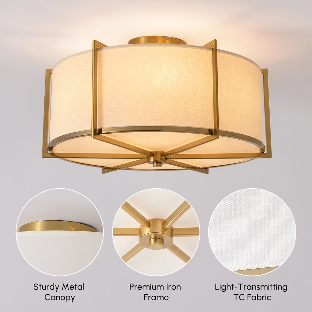 18" Fabric Flush Mount Light in Gold Finish, 3-Light window image