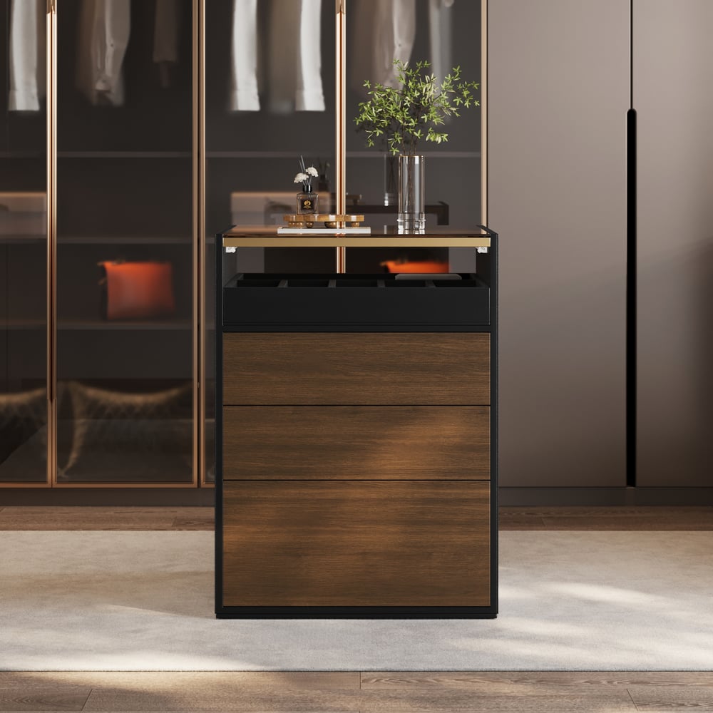 Saddle Leather 7-Dresser Walk-In Closet Island with Light & Jewelry Display window image