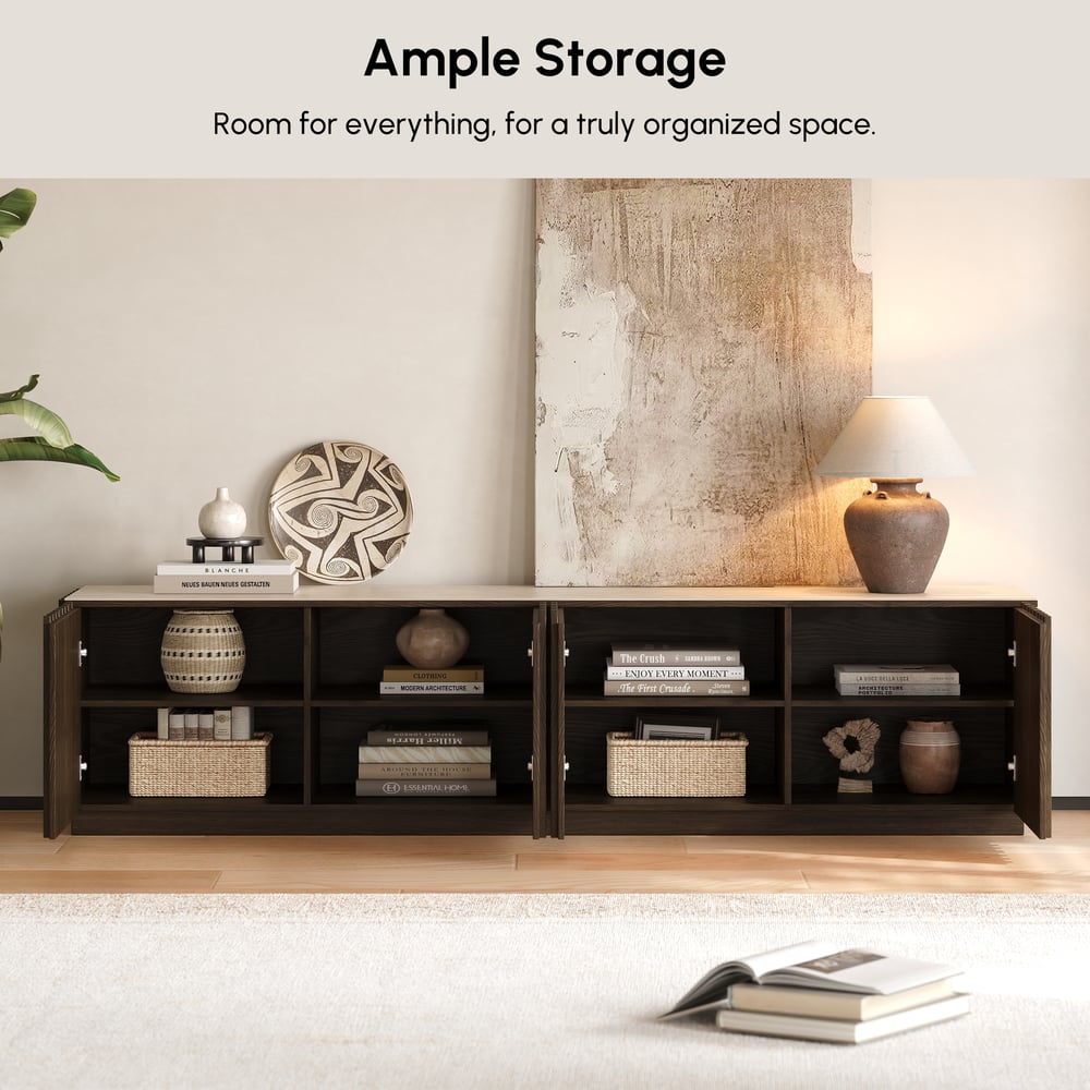 Aura 83" Ash Wood Fluted Smoked Brown TV Stand with Sintered Stone Top window image