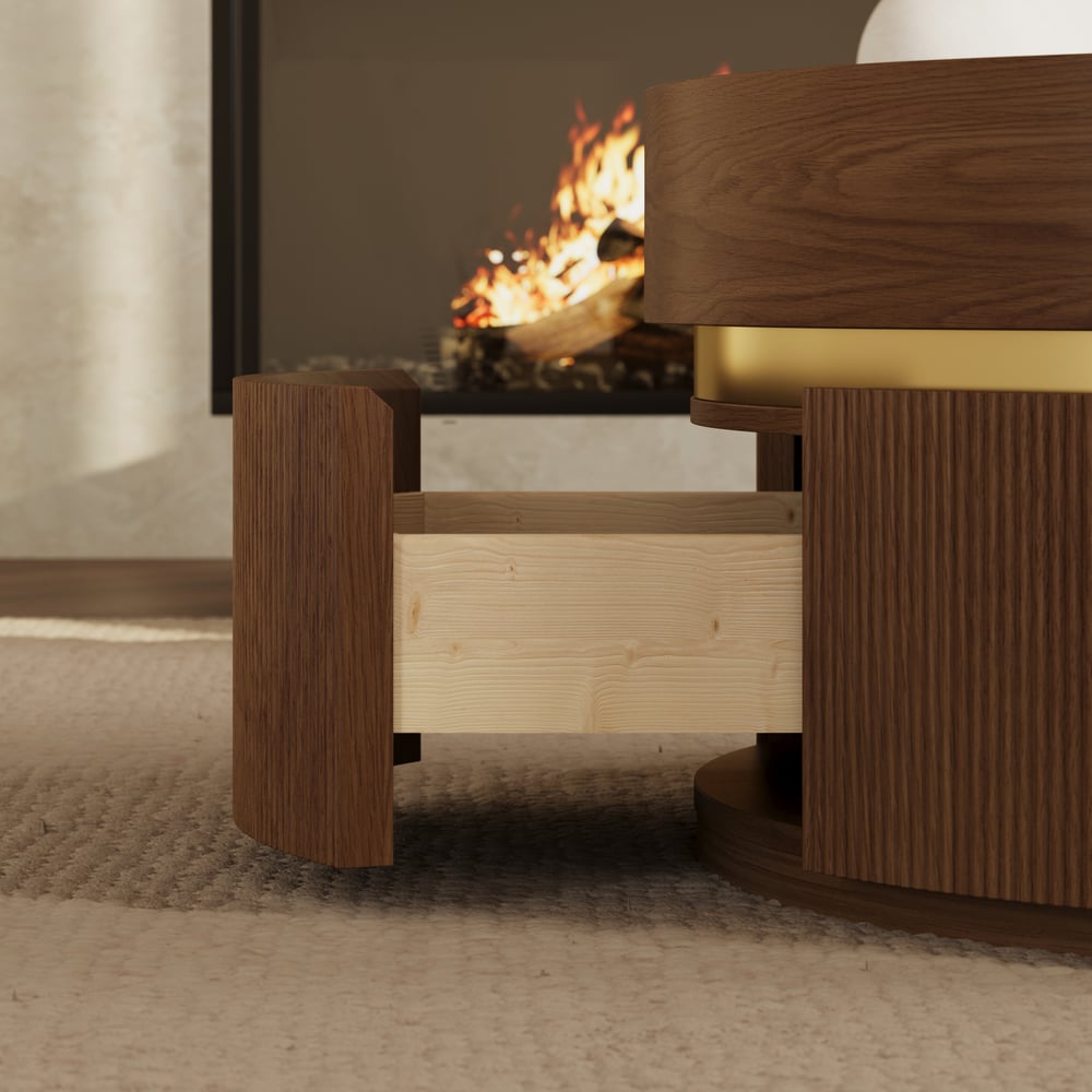Table basse ronde en noyer à plateau relevable cannelé de 32 pouces avec 2 tiroirs image de fenêtre