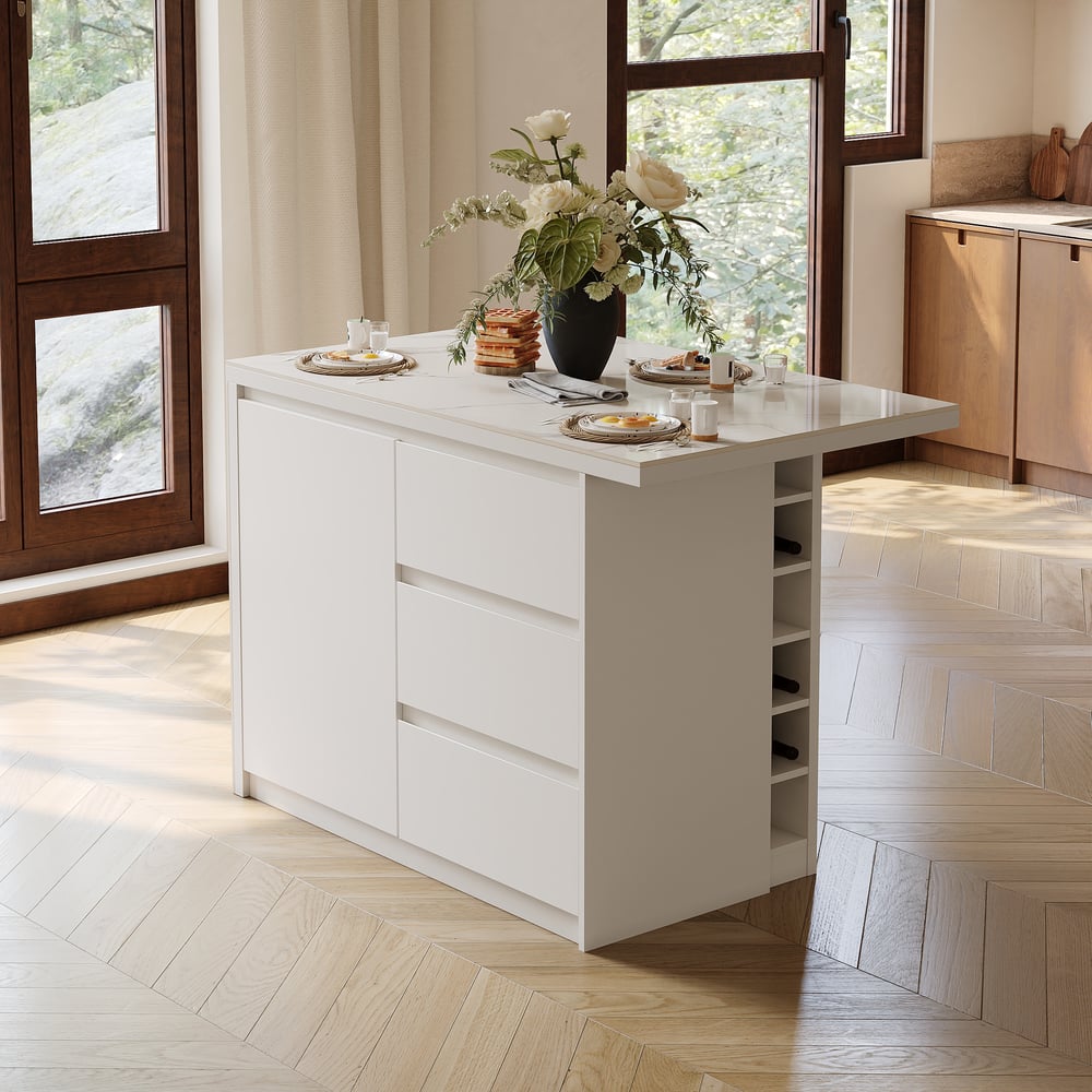 Modern 127 cm Glossy Sintered Stone Kitchen Island with Storage, White window image