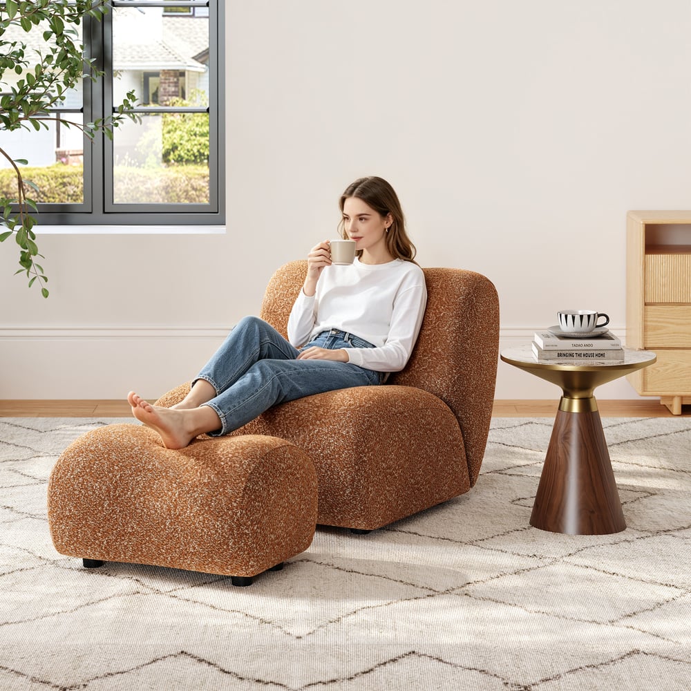 Set of 17" Performance Boucle Upholstered Curved Slipper Accent Chair and Ottoman window image