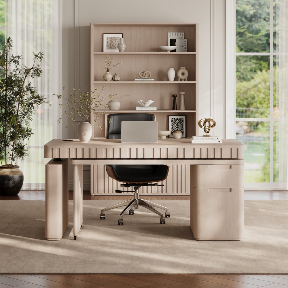 Aura 63" Whitewash Fluted 360-Degree Rotating Desk Electric Adjustable Standing Desk window image
