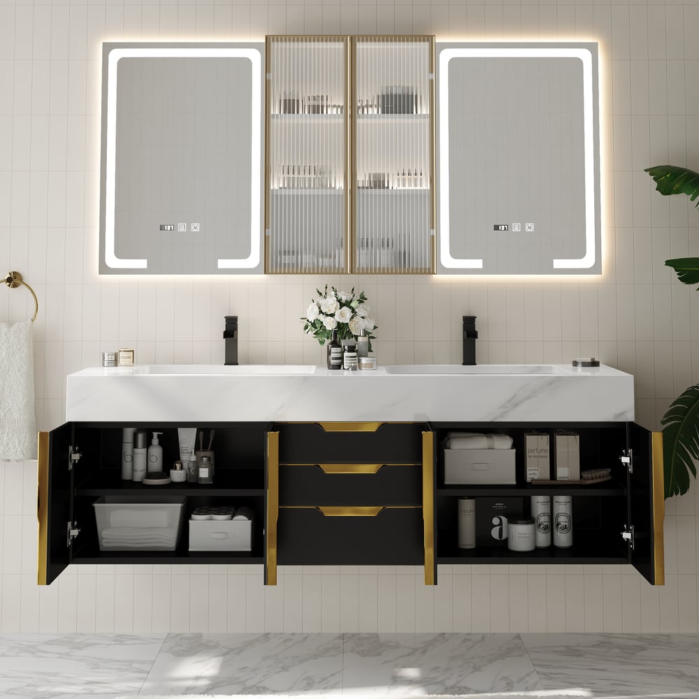 59" Double Sink Floating Vanity Set with LED Medicine Cabinet with Storage window image