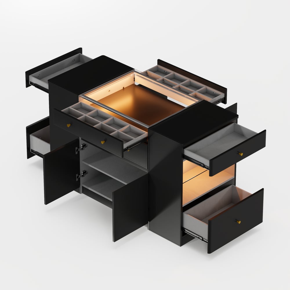 Selvo Saddle Leather Black Closet Island with Storage, Light and Jewelry Display window image